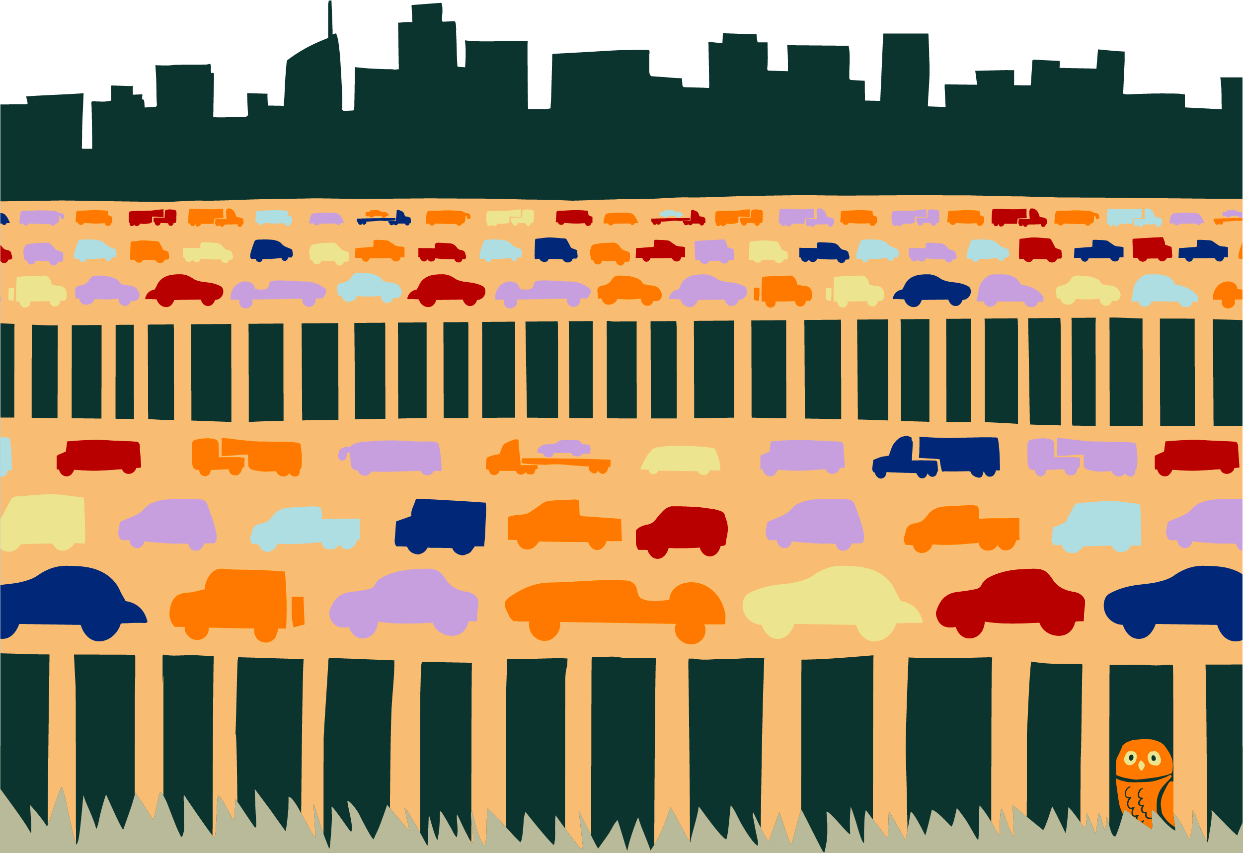 Illustration of busy freeway in cut paper style
