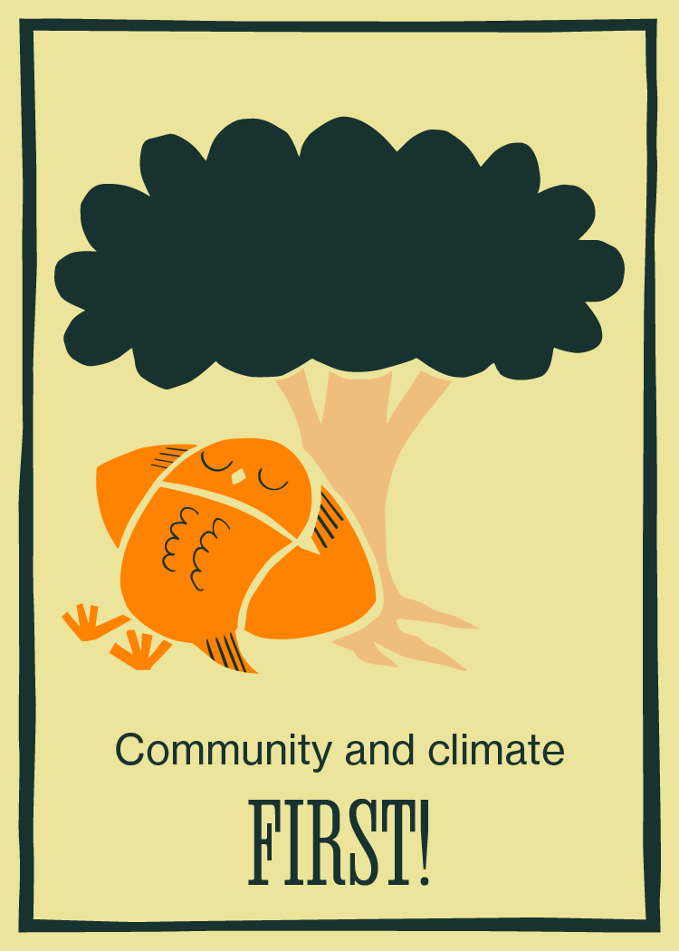 Card 1: Community and climate first, illustration of owl relaxing under tree