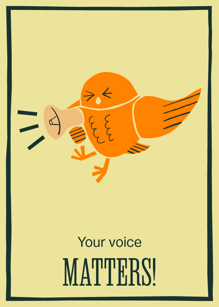 Card 3: Your voice matters, owl with bullhorn illustration