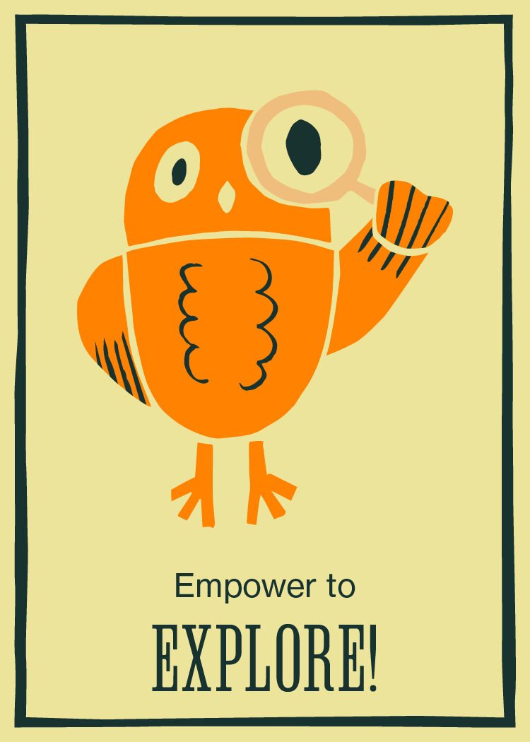 Card 5: Empower to Explore, owl with magnifying glass illustration.