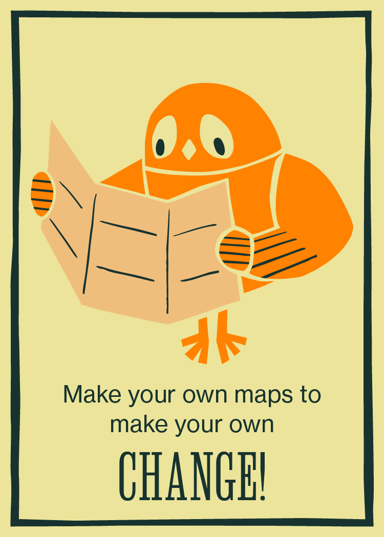 Card 6: Make your own maps to make your own change, illustration of owl with map.