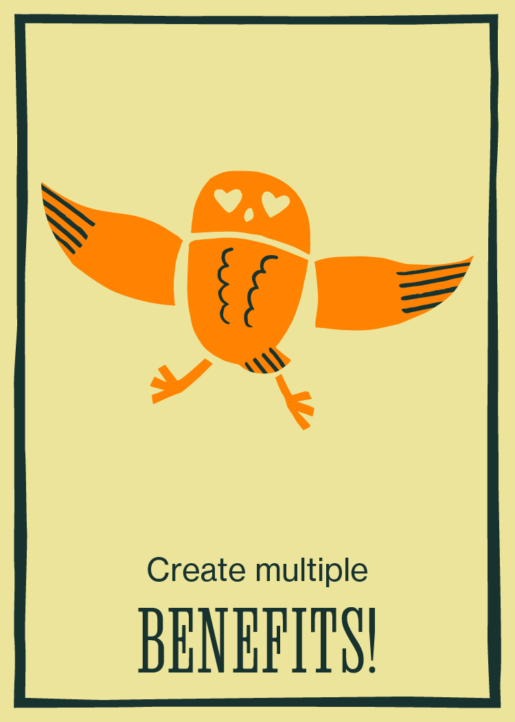 Card 7: Create multiple benefits, illustration of owl with heart eyes.