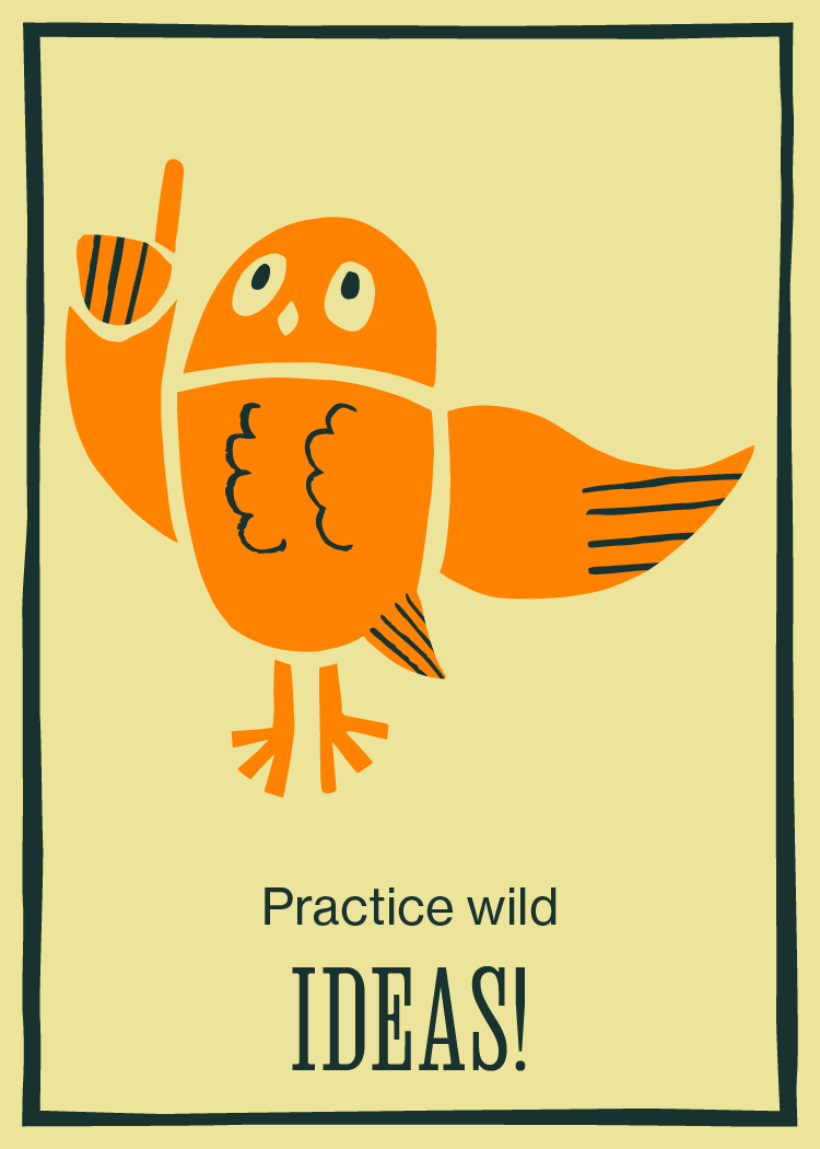 Card 11: Practice wild ideas, owl exclaiming and pointing illustration