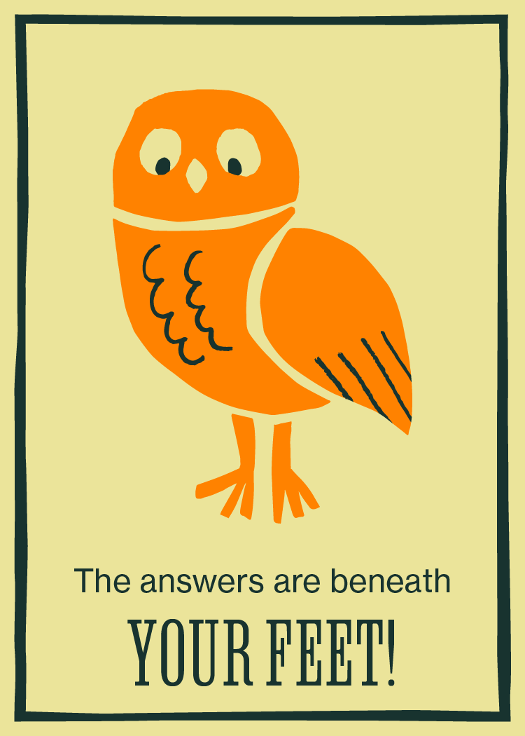 Card 12: The answers are beneath your feet, illustration of owl looking down at feet