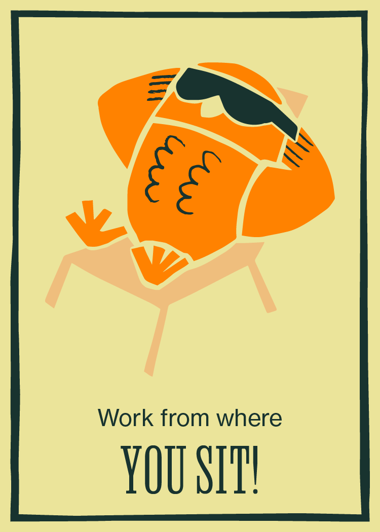Card 14: Work from where you sit, illustration of owl with sunglasses reclining in chair