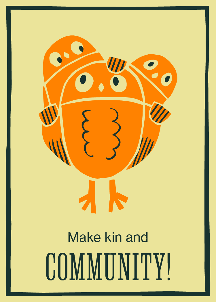 Card 15: Make kin and community, illustration of group of owls.