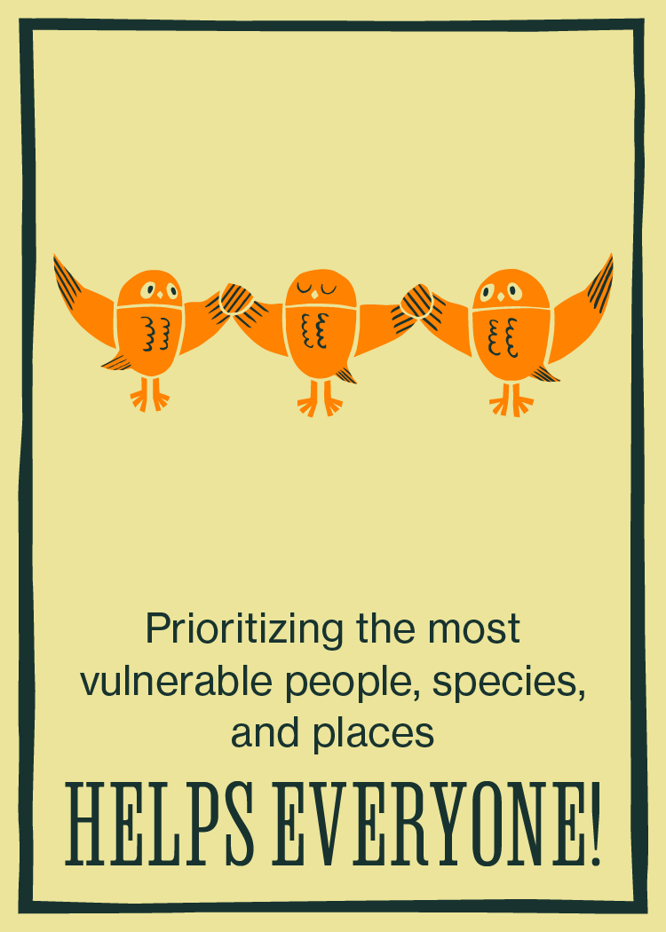 Card 16: Prioritizing the most vulnerable people, species, and places helps everyone!, illustration of group of owls holding hands